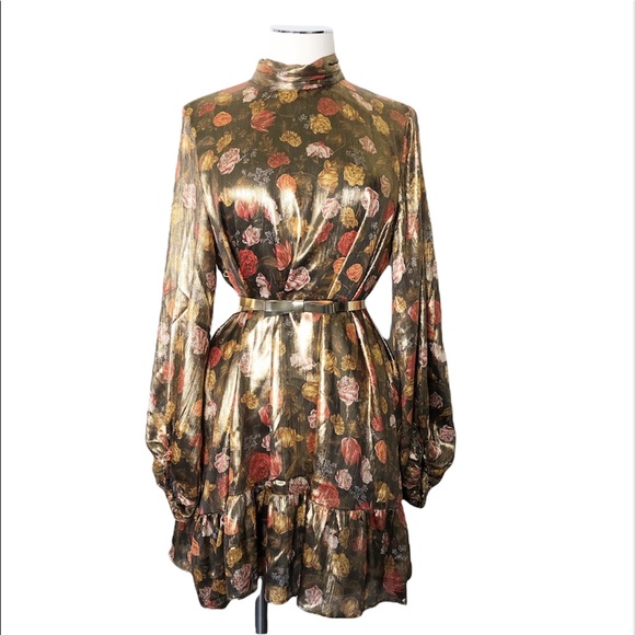 Zara Dresses & Skirts - New ZARA Floral Festive Collection Metallic Gold Long Sleeve Shift Dress Sz L